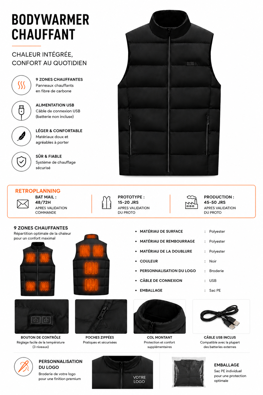 Fiche technique complète : bodywarmer chauffant, neuf zones de chauffe, alimentation USB, finitions et personnalisation