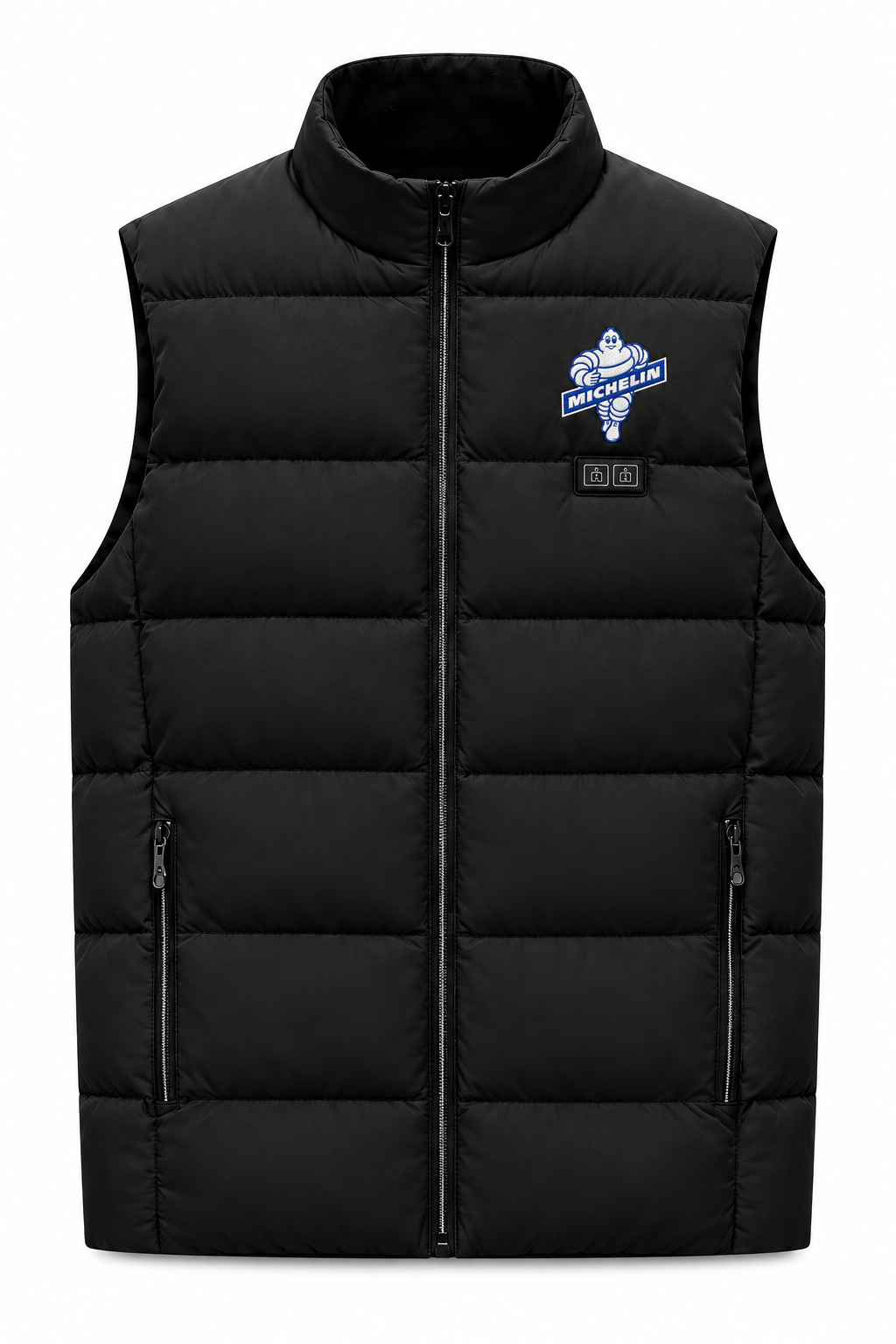 Simulation d’un bodywarmer chauffant noir avec logo Michelin brodé côté cœur
