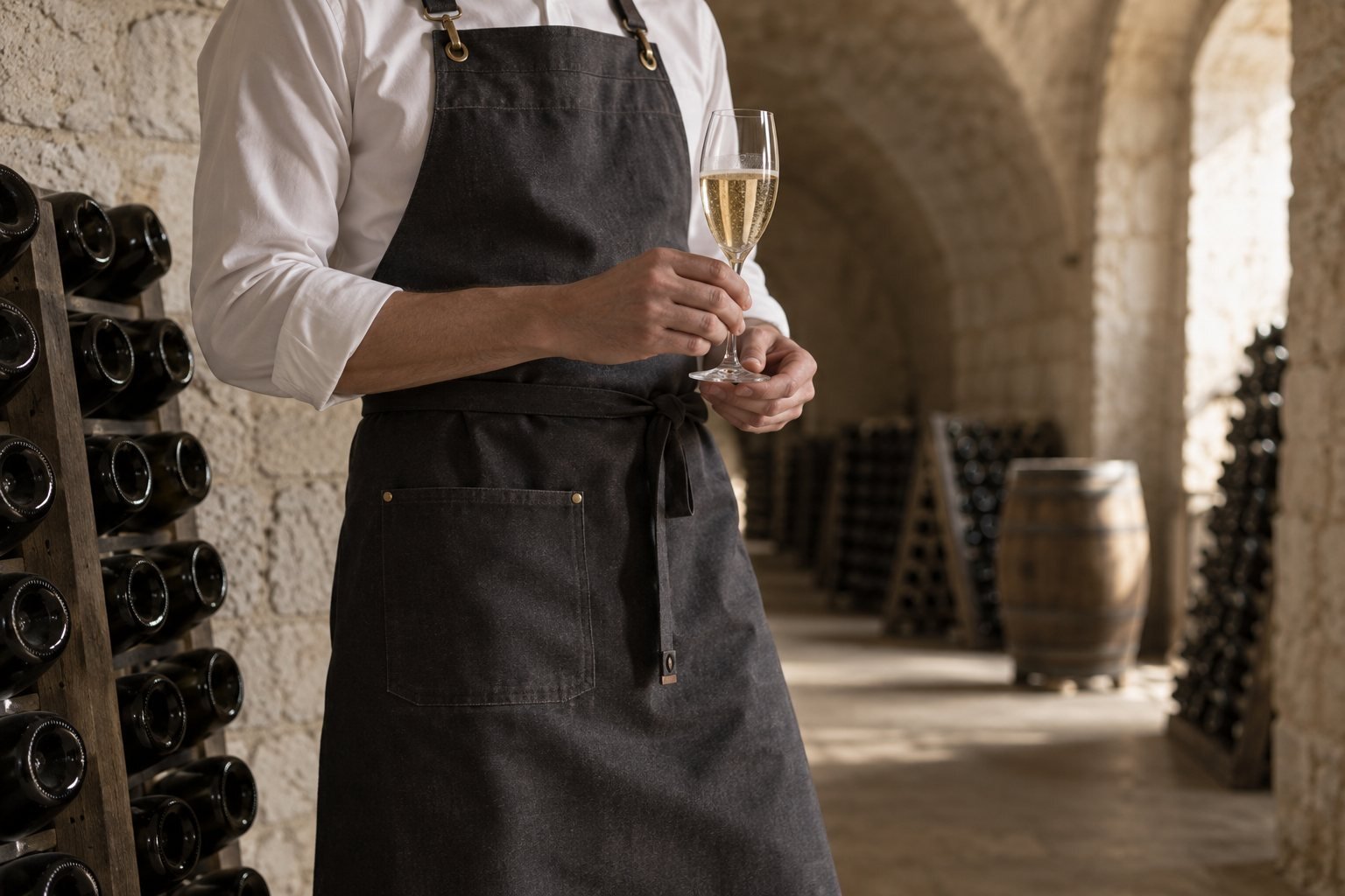 Intention visuelle : tablier anthracite, attaches couleur laiton et chemise blanche dans une cave