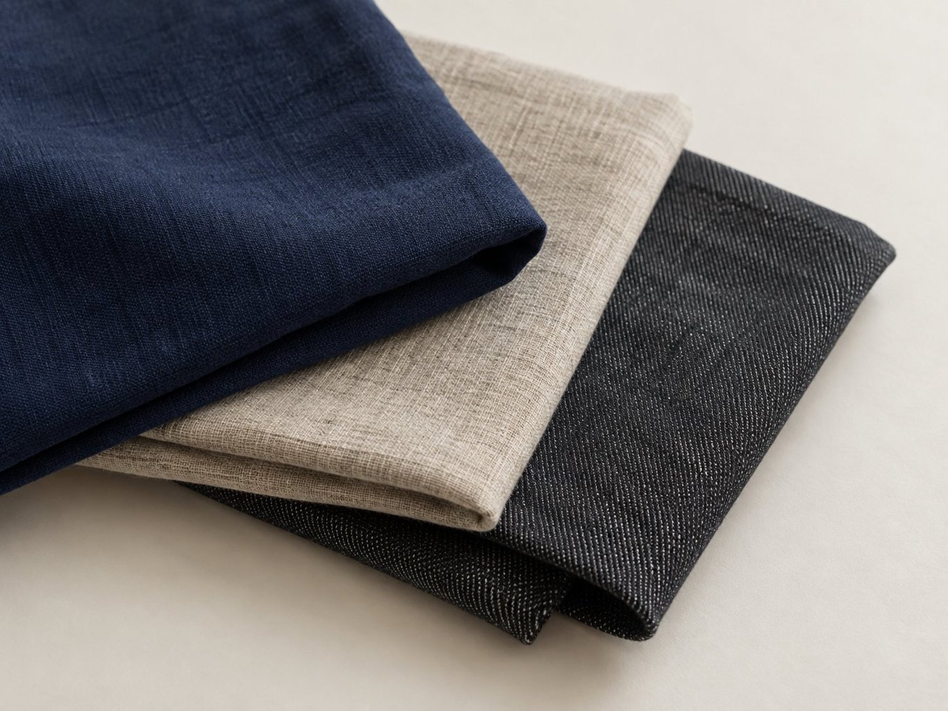 Échantillons de matières : toile marine, lin naturel et denim