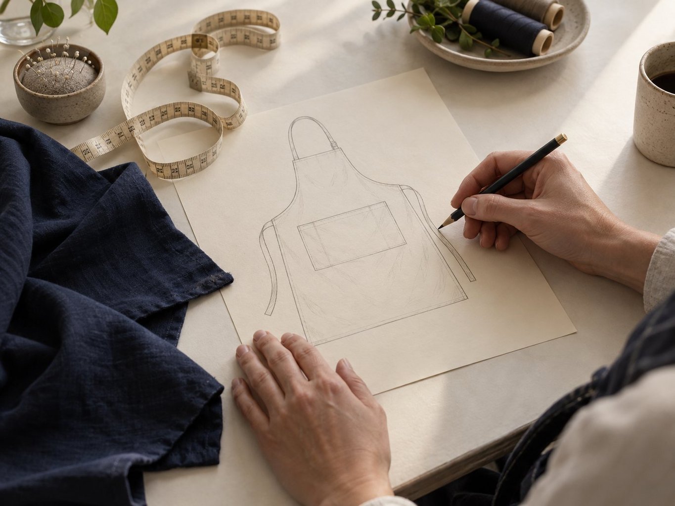 Préparation d’un projet : croquis de tablier, mètre et échantillon