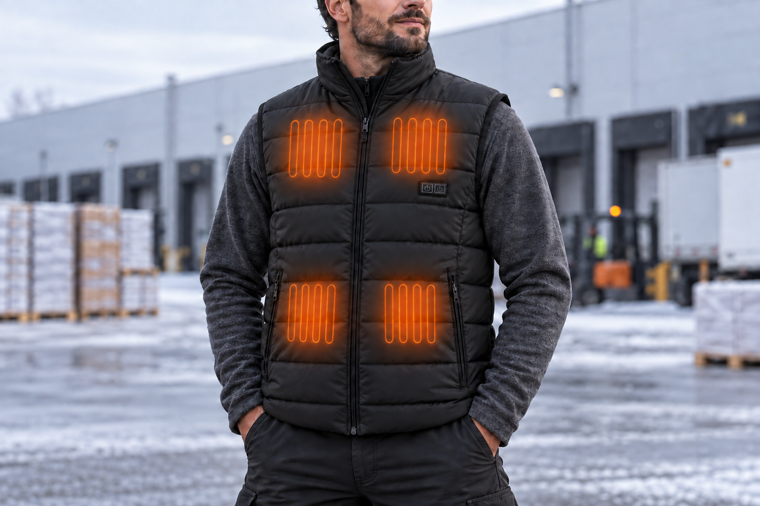 Bodywarmer noir porté, sans logo, avec illustration des quatre zones chauffantes avant